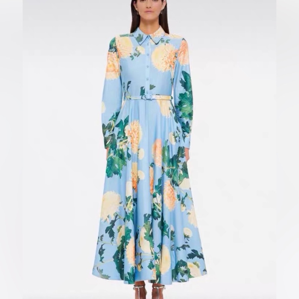 Leo Lin Blue Floral Midi Dress with Long Sleeves